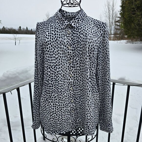 J. Crew white black and blue leopard print blouse, size Large, EUC - Picture 1 of 8